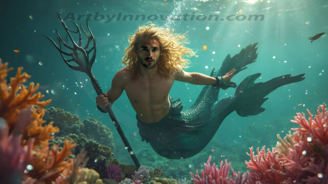 AI-generated HD photos featuring Mermen, The Warriors of the Sea. A collection of over 1,000 AI generated photo images of Mermen Warriors. Shirtless men from all age groups, with slim builds to hot and sexy, muscular body types, and from teenaged boys, to young men, to the handsome Elders. Merman warriors rising from a whirlpool, with a trident in hand, set against a stormy backdrop with dramatic lighting. Vibrant coral reefs, with detailed underwater scenes, highly realistic, with obsidian scales, that shimmer in the sunlight.