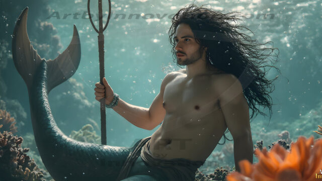 AI-generated HD photos featuring Mermen, The Warriors of the Sea. A collection of over 1,000 AI generated photo images of Mermen Warriors. Shirtless men from all age groups, with slim builds to hot and sexy, muscular body types, and from teenaged boys, to young men, to the handsome Elders. Merman warriors rising from a whirlpool, with a trident in hand, set against a stormy backdrop with dramatic lighting. Vibrant coral reefs, with detailed underwater scenes, highly realistic, with obsidian scales, that shimmer in the sunlight.