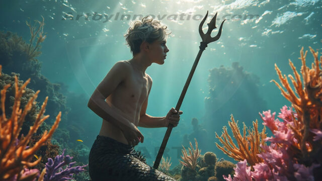 AI-generated HD photos featuring Mermen, The Warriors of the Sea. A collection of over 1,000 AI generated photo images of Mermen Warriors. Shirtless men from all age groups, with slim builds to hot and sexy, muscular body types, and from teenaged boys, to young men, to the handsome Elders. Merman warriors rising from a whirlpool, with a trident in hand, set against a stormy backdrop with dramatic lighting. Vibrant coral reefs, with detailed underwater scenes, highly realistic, with obsidian scales, that shimmer in the sunlight.