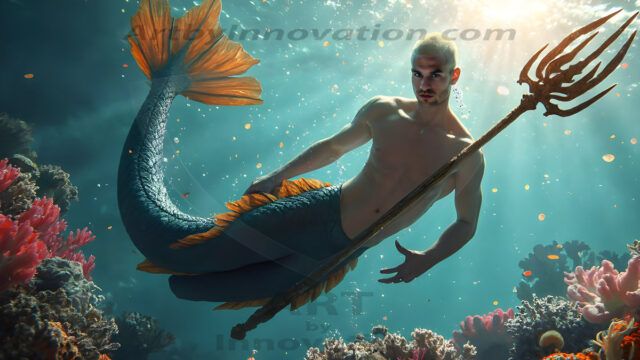 AI-generated HD photos featuring Mermen, The Warriors of the Sea. A collection of over 1,000 AI generated photo images of Mermen Warriors. Shirtless men from all age groups, with slim builds to hot and sexy, muscular body types, and from teenaged boys, to young men, to the handsome Elders. Merman warriors rising from a whirlpool, with a trident in hand, set against a stormy backdrop with dramatic lighting. Vibrant coral reefs, with detailed underwater scenes, highly realistic, with obsidian scales, that shimmer in the sunlight.