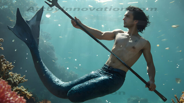 AI-generated HD photos featuring Mermen, The Warriors of the Sea. A collection of over 1,000 AI generated photo images of Mermen Warriors. Shirtless men from all age groups, with slim builds to hot and sexy, muscular body types, and from teenaged boys, to young men, to the handsome Elders. Merman warriors rising from a whirlpool, with a trident in hand, set against a stormy backdrop with dramatic lighting. Vibrant coral reefs, with detailed underwater scenes, highly realistic, with obsidian scales, that shimmer in the sunlight.