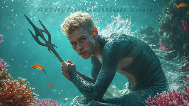 AI-generated HD photos featuring Mermen, The Warriors of the Sea. A collection of over 1,000 AI generated photo images of Mermen Warriors. Shirtless men from all age groups, with slim builds to hot and sexy, muscular body types, and from teenaged boys, to young men, to the handsome Elders. Merman warriors rising from a whirlpool, with a trident in hand, set against a stormy backdrop with dramatic lighting. Vibrant coral reefs, with detailed underwater scenes, highly realistic, with obsidian scales, that shimmer in the sunlight.