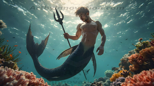 AI-generated HD photos featuring Mermen, The Warriors of the Sea. A collection of over 1,000 AI generated photo images of Mermen Warriors. Shirtless men from all age groups, with slim builds to hot and sexy, muscular body types, and from teenaged boys, to young men, to the handsome Elders. Merman warriors rising from a whirlpool, with a trident in hand, set against a stormy backdrop with dramatic lighting. Vibrant coral reefs, with detailed underwater scenes, highly realistic, with obsidian scales, that shimmer in the sunlight.