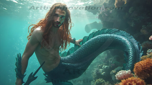 AI-generated HD photos featuring Mermen, The Warriors of the Sea. A collection of over 1,000 AI generated photo images of Mermen Warriors. Shirtless men from all age groups, with slim builds to hot and sexy, muscular body types, and from teenaged boys, to young men, to the handsome Elders. Merman warriors rising from a whirlpool, with a trident in hand, set against a stormy backdrop with dramatic lighting. Vibrant coral reefs, with detailed underwater scenes, highly realistic, with obsidian scales, that shimmer in the sunlight.