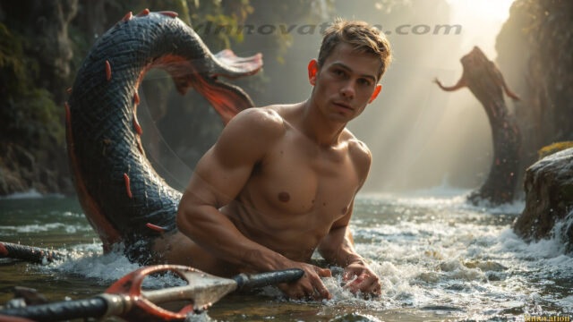 AI-generated HD photos featuring Mermen, The Warriors of the Sea. A collection of over 1,000 AI generated photo images of Mermen Warriors. Shirtless men from all age groups, with slim builds to hot and sexy, muscular body types, and from teenaged boys, to young men, to the handsome Elders. Merman warriors rising from a whirlpool, with a trident in hand, set against a stormy backdrop with dramatic lighting. Vibrant coral reefs, with detailed underwater scenes, highly realistic, with obsidian scales, that shimmer in the sunlight.