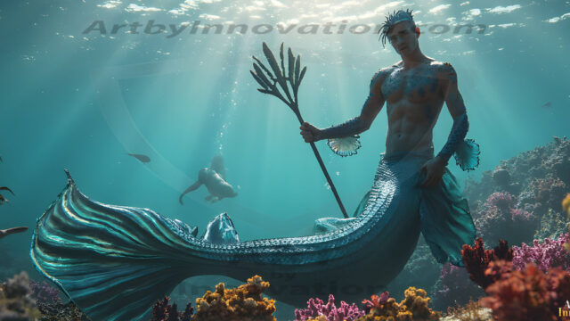 AI-generated HD photos featuring Mermen, The Warriors of the Sea. A collection of over 1,000 AI generated photo images of Mermen Warriors. Shirtless men from all age groups, with slim builds to hot and sexy, muscular body types, and from teenaged boys, to young men, to the handsome Elders. Merman warriors rising from a whirlpool, with a trident in hand, set against a stormy backdrop with dramatic lighting. Vibrant coral reefs, with detailed underwater scenes, highly realistic, with obsidian scales, that shimmer in the sunlight.