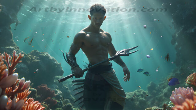 AI-generated HD photos featuring Mermen, The Warriors of the Sea. A collection of over 1,000 AI generated photo images of Mermen Warriors. Shirtless men from all age groups, with slim builds to hot and sexy, muscular body types, and from teenaged boys, to young men, to the handsome Elders. Merman warriors rising from a whirlpool, with a trident in hand, set against a stormy backdrop with dramatic lighting. Vibrant coral reefs, with detailed underwater scenes, highly realistic, with obsidian scales, that shimmer in the sunlight.