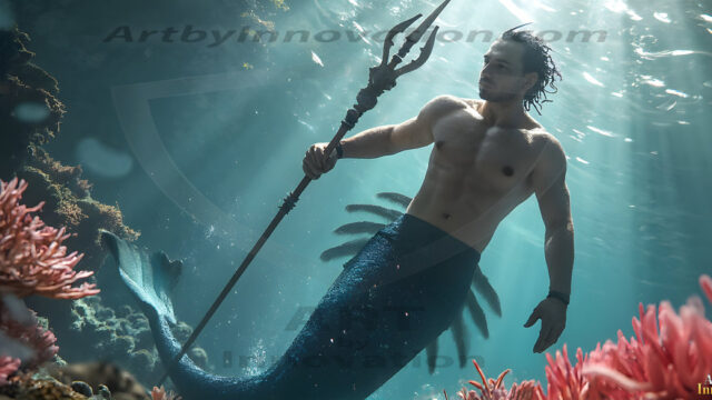 AI-generated HD photos featuring Mermen, The Warriors of the Sea. A collection of over 1,000 AI generated photo images of Mermen Warriors. Shirtless men from all age groups, with slim builds to hot and sexy, muscular body types, and from teenaged boys, to young men, to the handsome Elders. Merman warriors rising from a whirlpool, with a trident in hand, set against a stormy backdrop with dramatic lighting. Vibrant coral reefs, with detailed underwater scenes, highly realistic, with obsidian scales, that shimmer in the sunlight.