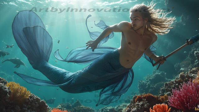 AI-generated HD photos featuring Mermen, The Warriors of the Sea. A collection of over 1,000 AI generated photo images of Mermen Warriors. Shirtless men from all age groups, with slim builds to hot and sexy, muscular body types, and from teenaged boys, to young men, to the handsome Elders. Merman warriors rising from a whirlpool, with a trident in hand, set against a stormy backdrop with dramatic lighting. Vibrant coral reefs, with detailed underwater scenes, highly realistic, with obsidian scales, that shimmer in the sunlight.