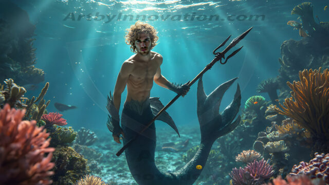 AI-generated HD photos featuring Mermen, The Warriors of the Sea. A collection of over 1,000 AI generated photo images of Mermen Warriors. Shirtless men from all age groups, with slim builds to hot and sexy, muscular body types, and from teenaged boys, to young men, to the handsome Elders. Merman warriors rising from a whirlpool, with a trident in hand, set against a stormy backdrop with dramatic lighting. Vibrant coral reefs, with detailed underwater scenes, highly realistic, with obsidian scales, that shimmer in the sunlight.