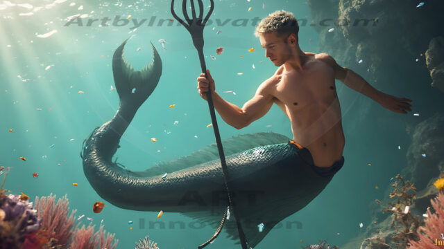 AI-generated HD photos featuring Mermen, The Warriors of the Sea. A collection of over 1,000 AI generated photo images of Mermen Warriors. Shirtless men from all age groups, with slim builds to hot and sexy, muscular body types, and from teenaged boys, to young men, to the handsome Elders. Merman warriors rising from a whirlpool, with a trident in hand, set against a stormy backdrop with dramatic lighting. Vibrant coral reefs, with detailed underwater scenes, highly realistic, with obsidian scales, that shimmer in the sunlight.