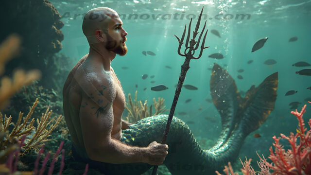 AI-generated HD photos featuring Mermen, The Warriors of the Sea. A collection of over 1,000 AI generated photo images of Mermen Warriors. Shirtless men from all age groups, with slim builds to hot and sexy, muscular body types, and from teenaged boys, to young men, to the handsome Elders. Merman warriors rising from a whirlpool, with a trident in hand, set against a stormy backdrop with dramatic lighting. Vibrant coral reefs, with detailed underwater scenes, highly realistic, with obsidian scales, that shimmer in the sunlight.