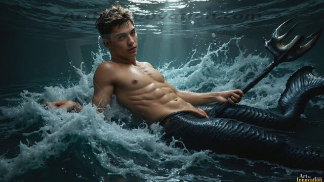 AI-generated HD photos featuring Mermen, The Warriors of the Sea. A collection of over 1,000 AI generated photo images of Mermen Warriors. Shirtless men from all age groups, with slim builds to hot and sexy, muscular body types, and from teenaged boys, to young men, to the handsome Elders. Merman warriors rising from a whirlpool, with a trident in hand, set against a stormy backdrop with dramatic lighting. Vibrant coral reefs, with detailed underwater scenes, highly realistic, with obsidian scales, that shimmer in the sunlight.