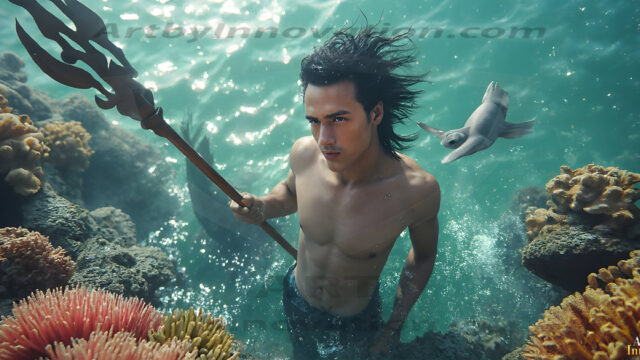 AI-generated HD photos featuring Mermen, The Warriors of the Sea. A collection of over 1,000 AI generated photo images of Mermen Warriors. Shirtless men from all age groups, with slim builds to hot and sexy, muscular body types, and from teenaged boys, to young men, to the handsome Elders. Merman warriors rising from a whirlpool, with a trident in hand, set against a stormy backdrop with dramatic lighting. Vibrant coral reefs, with detailed underwater scenes, highly realistic, with obsidian scales, that shimmer in the sunlight.