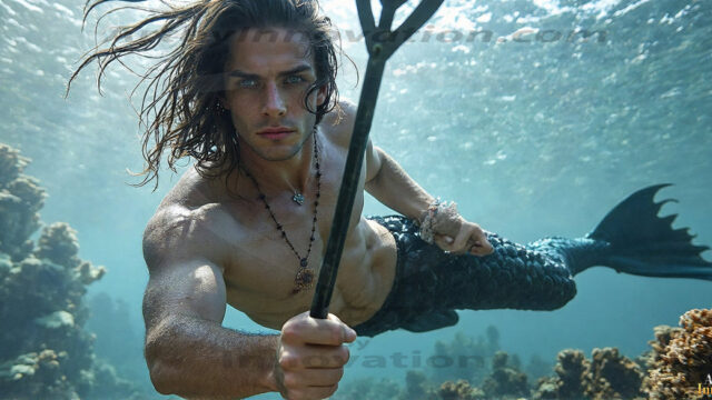 AI-generated HD photos featuring Mermen, The Warriors of the Sea. A collection of over 1,000 AI generated photo images of Mermen Warriors. Shirtless men from all age groups, with slim builds to hot and sexy, muscular body types, and from teenaged boys, to young men, to the handsome Elders. Merman warriors rising from a whirlpool, with a trident in hand, set against a stormy backdrop with dramatic lighting. Vibrant coral reefs, with detailed underwater scenes, highly realistic, with obsidian scales, that shimmer in the sunlight.
