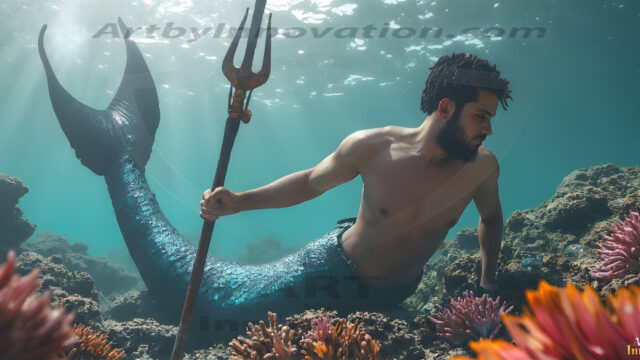 AI-generated HD photos featuring Mermen, The Warriors of the Sea. A collection of over 1,000 AI generated photo images of Mermen Warriors. Shirtless men from all age groups, with slim builds to hot and sexy, muscular body types, and from teenaged boys, to young men, to the handsome Elders. Merman warriors rising from a whirlpool, with a trident in hand, set against a stormy backdrop with dramatic lighting. Vibrant coral reefs, with detailed underwater scenes, highly realistic, with obsidian scales, that shimmer in the sunlight.
