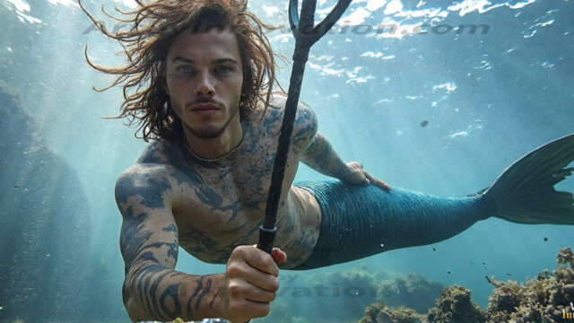 AI-generated HD photos featuring Mermen, The Warriors of the Sea. A collection of over 1,000 AI generated photo images of Mermen Warriors. Shirtless men from all age groups, with slim builds to hot and sexy, muscular body types, and from teenaged boys, to young men, to the handsome Elders. Merman warriors rising from a whirlpool, with a trident in hand, set against a stormy backdrop with dramatic lighting. Vibrant coral reefs, with detailed underwater scenes, highly realistic, with obsidian scales, that shimmer in the sunlight.