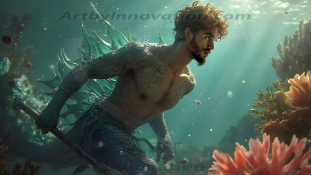 AI-generated HD photos featuring Mermen, The Warriors of the Sea. A collection of over 1,000 AI generated photo images of Mermen Warriors. Shirtless men from all age groups, with slim builds to hot and sexy, muscular body types, and from teenaged boys, to young men, to the handsome Elders. Merman warriors rising from a whirlpool, with a trident in hand, set against a stormy backdrop with dramatic lighting. Vibrant coral reefs, with detailed underwater scenes, highly realistic, with obsidian scales, that shimmer in the sunlight.