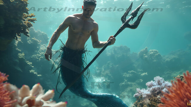 AI-generated HD photos featuring Mermen, The Warriors of the Sea. A collection of over 1,000 AI generated photo images of Mermen Warriors. Shirtless men from all age groups, with slim builds to hot and sexy, muscular body types, and from teenaged boys, to young men, to the handsome Elders. Merman warriors rising from a whirlpool, with a trident in hand, set against a stormy backdrop with dramatic lighting. Vibrant coral reefs, with detailed underwater scenes, highly realistic, with obsidian scales, that shimmer in the sunlight.