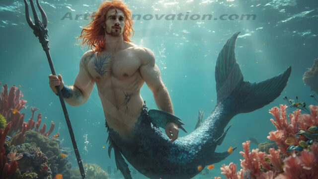 AI-generated HD photos featuring Mermen, The Warriors of the Sea. A collection of over 1,000 AI generated photo images of Mermen Warriors. Shirtless men from all age groups, with slim builds to hot and sexy, muscular body types, and from teenaged boys, to young men, to the handsome Elders. Merman warriors rising from a whirlpool, with a trident in hand, set against a stormy backdrop with dramatic lighting. Vibrant coral reefs, with detailed underwater scenes, highly realistic, with obsidian scales, that shimmer in the sunlight.