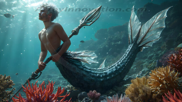 AI-generated HD photos featuring Mermen, The Warriors of the Sea. A collection of over 1,000 AI generated photo images of Mermen Warriors. Shirtless men from all age groups, with slim builds to hot and sexy, muscular body types, and from teenaged boys, to young men, to the handsome Elders. Merman warriors rising from a whirlpool, with a trident in hand, set against a stormy backdrop with dramatic lighting. Vibrant coral reefs, with detailed underwater scenes, highly realistic, with obsidian scales, that shimmer in the sunlight.