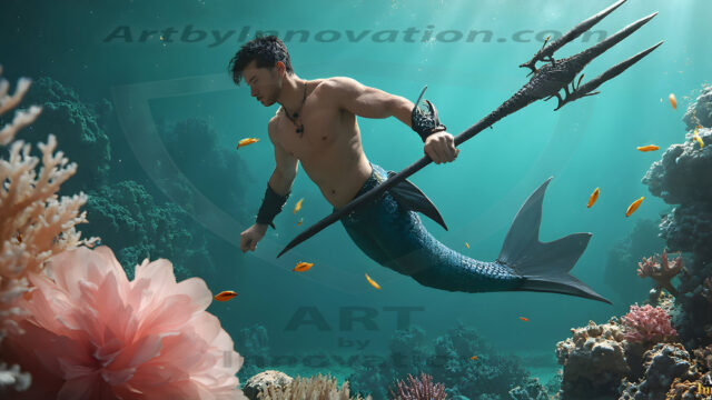 AI-generated HD photos featuring Mermen, The Warriors of the Sea. A collection of over 1,000 AI generated photo images of Mermen Warriors. Shirtless men from all age groups, with slim builds to hot and sexy, muscular body types, and from teenaged boys, to young men, to the handsome Elders. Merman warriors rising from a whirlpool, with a trident in hand, set against a stormy backdrop with dramatic lighting. Vibrant coral reefs, with detailed underwater scenes, highly realistic, with obsidian scales, that shimmer in the sunlight.