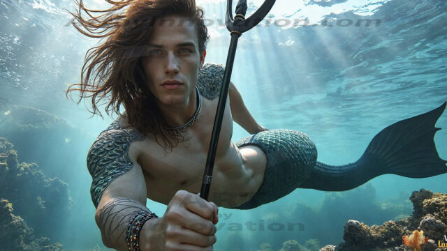 AI-generated HD photos featuring Mermen, The Warriors of the Sea. A collection of over 1,000 AI generated photo images of Mermen Warriors. Shirtless men from all age groups, with slim builds to hot and sexy, muscular body types, and from teenaged boys, to young men, to the handsome Elders. Merman warriors rising from a whirlpool, with a trident in hand, set against a stormy backdrop with dramatic lighting. Vibrant coral reefs, with detailed underwater scenes, highly realistic, with obsidian scales, that shimmer in the sunlight.