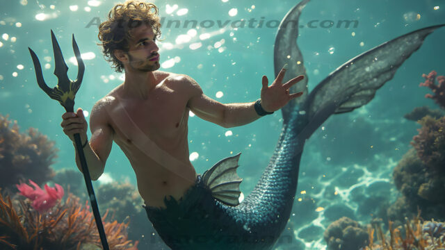AI-generated HD photos featuring Mermen, The Warriors of the Sea. A collection of over 1,000 AI generated photo images of Mermen Warriors. Shirtless men from all age groups, with slim builds to hot and sexy, muscular body types, and from teenaged boys, to young men, to the handsome Elders. Merman warriors rising from a whirlpool, with a trident in hand, set against a stormy backdrop with dramatic lighting. Vibrant coral reefs, with detailed underwater scenes, highly realistic, with obsidian scales, that shimmer in the sunlight.