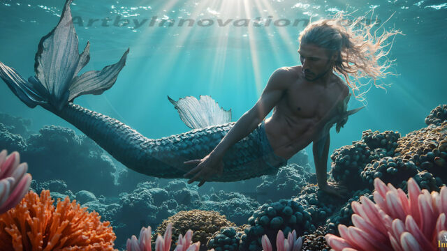 AI-generated HD photos featuring Mermen, The Warriors of the Sea. A collection of over 1,000 AI generated photo images of Mermen Warriors. Shirtless men from all age groups, with slim builds to hot and sexy, muscular body types, and from teenaged boys, to young men, to the handsome Elders. Merman warriors rising from a whirlpool, with a trident in hand, set against a stormy backdrop with dramatic lighting. Vibrant coral reefs, with detailed underwater scenes, highly realistic, with obsidian scales, that shimmer in the sunlight.