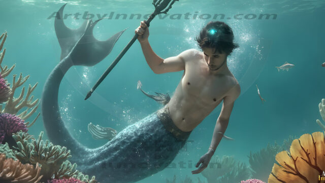 AI-generated HD photos featuring Mermen, The Warriors of the Sea. A collection of over 1,000 AI generated photo images of Mermen Warriors. Shirtless men from all age groups, with slim builds to hot and sexy, muscular body types, and from teenaged boys, to young men, to the handsome Elders. Merman warriors rising from a whirlpool, with a trident in hand, set against a stormy backdrop with dramatic lighting. Vibrant coral reefs, with detailed underwater scenes, highly realistic, with obsidian scales, that shimmer in the sunlight.