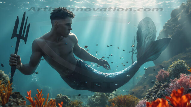 AI-generated HD photos featuring Mermen, The Warriors of the Sea. A collection of over 1,000 AI generated photo images of Mermen Warriors. Shirtless men from all age groups, with slim builds to hot and sexy, muscular body types, and from teenaged boys, to young men, to the handsome Elders. Merman warriors rising from a whirlpool, with a trident in hand, set against a stormy backdrop with dramatic lighting. Vibrant coral reefs, with detailed underwater scenes, highly realistic, with obsidian scales, that shimmer in the sunlight.