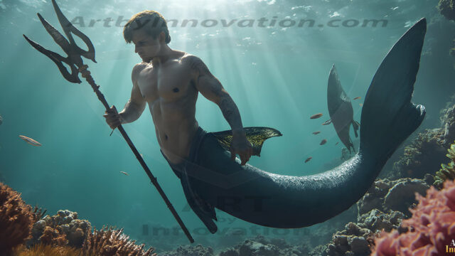 AI-generated HD photos featuring Mermen, The Warriors of the Sea. A collection of over 1,000 AI generated photo images of Mermen Warriors. Shirtless men from all age groups, with slim builds to hot and sexy, muscular body types, and from teenaged boys, to young men, to the handsome Elders. Merman warriors rising from a whirlpool, with a trident in hand, set against a stormy backdrop with dramatic lighting. Vibrant coral reefs, with detailed underwater scenes, highly realistic, with obsidian scales, that shimmer in the sunlight.