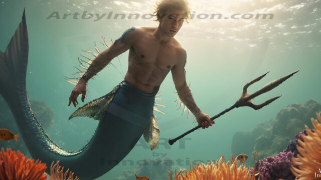 AI-generated HD photos featuring Mermen, The Warriors of the Sea. A collection of over 1,000 AI generated photo images of Mermen Warriors. Shirtless men from all age groups, with slim builds to hot and sexy, muscular body types, and from teenaged boys, to young men, to the handsome Elders. Merman warriors rising from a whirlpool, with a trident in hand, set against a stormy backdrop with dramatic lighting. Vibrant coral reefs, with detailed underwater scenes, highly realistic, with obsidian scales, that shimmer in the sunlight.