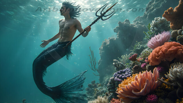 AI-generated HD photos featuring Mermen, The Warriors of the Sea. A collection of over 1,000 AI generated photo images of Mermen Warriors. Shirtless men from all age groups, with slim builds to hot and sexy, muscular body types, and from teenaged boys, to young men, to the handsome Elders. Merman warriors rising from a whirlpool, with a trident in hand, set against a stormy backdrop with dramatic lighting. Vibrant coral reefs, with detailed underwater scenes, highly realistic, with obsidian scales, that shimmer in the sunlight.