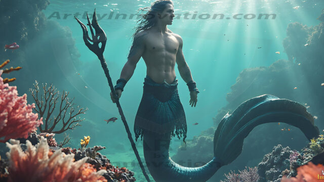 AI-generated HD photos featuring Mermen, The Warriors of the Sea. A collection of over 1,000 AI generated photo images of Mermen Warriors. Shirtless men from all age groups, with slim builds to hot and sexy, muscular body types, and from teenaged boys, to young men, to the handsome Elders. Merman warriors rising from a whirlpool, with a trident in hand, set against a stormy backdrop with dramatic lighting. Vibrant coral reefs, with detailed underwater scenes, highly realistic, with obsidian scales, that shimmer in the sunlight.