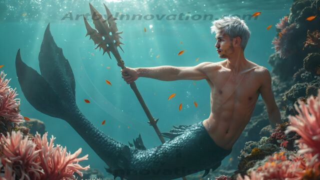 AI-generated HD photos featuring Mermen, The Warriors of the Sea. A collection of over 1,000 AI generated photo images of Mermen Warriors. Shirtless men from all age groups, with slim builds to hot and sexy, muscular body types, and from teenaged boys, to young men, to the handsome Elders. Merman warriors rising from a whirlpool, with a trident in hand, set against a stormy backdrop with dramatic lighting. Vibrant coral reefs, with detailed underwater scenes, highly realistic, with obsidian scales, that shimmer in the sunlight.