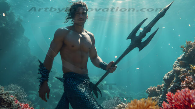 AI-generated HD photos featuring Mermen, The Warriors of the Sea. A collection of over 1,000 AI generated photo images of Mermen Warriors. Shirtless men from all age groups, with slim builds to hot and sexy, muscular body types, and from teenaged boys, to young men, to the handsome Elders. Merman warriors rising from a whirlpool, with a trident in hand, set against a stormy backdrop with dramatic lighting. Vibrant coral reefs, with detailed underwater scenes, highly realistic, with obsidian scales, that shimmer in the sunlight.