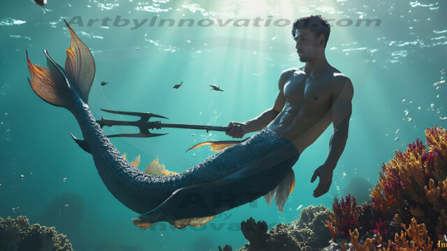 AI-generated HD photos featuring Mermen, The Warriors of the Sea. A collection of over 1,000 AI generated photo images of Mermen Warriors. Shirtless men from all age groups, with slim builds to hot and sexy, muscular body types, and from teenaged boys, to young men, to the handsome Elders. Merman warriors rising from a whirlpool, with a trident in hand, set against a stormy backdrop with dramatic lighting. Vibrant coral reefs, with detailed underwater scenes, highly realistic, with obsidian scales, that shimmer in the sunlight.