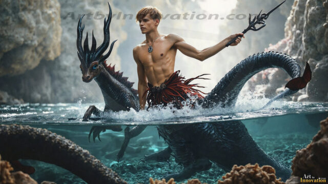 AI-generated HD photos featuring Mermen, The Warriors of the Sea. A collection of over 1,000 AI generated photo images of Mermen Warriors. Shirtless men from all age groups, with slim builds to hot and sexy, muscular body types, and from teenaged boys, to young men, to the handsome Elders. Merman warriors rising from a whirlpool, with a trident in hand, set against a stormy backdrop with dramatic lighting. Vibrant coral reefs, with detailed underwater scenes, highly realistic, with obsidian scales, that shimmer in the sunlight.