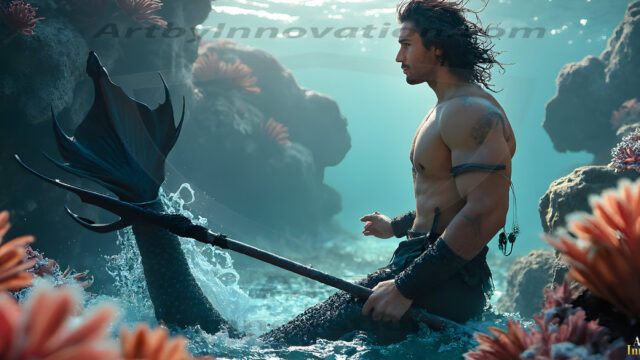 AI-generated HD photos featuring Mermen, The Warriors of the Sea. A collection of over 1,000 AI generated photo images of Mermen Warriors. Shirtless men from all age groups, with slim builds to hot and sexy, muscular body types, and from teenaged boys, to young men, to the handsome Elders. Merman warriors rising from a whirlpool, with a trident in hand, set against a stormy backdrop with dramatic lighting. Vibrant coral reefs, with detailed underwater scenes, highly realistic, with obsidian scales, that shimmer in the sunlight.