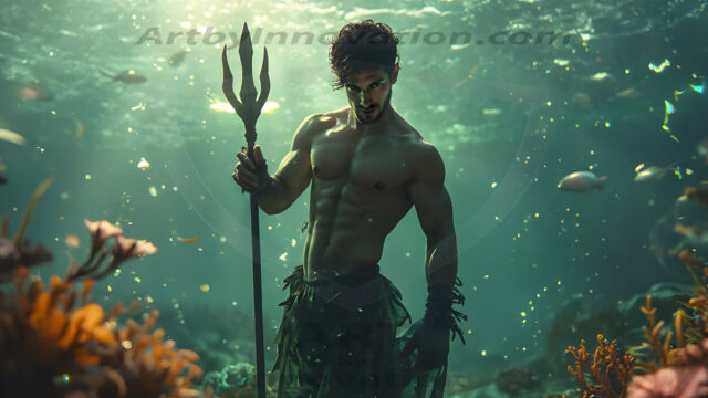 AI-generated HD photos featuring Mermen, The Warriors of the Sea. A collection of over 1,000 AI generated photo images of Mermen Warriors. Shirtless men from all age groups, with slim builds to hot and sexy, muscular body types, and from teenaged boys, to young men, to the handsome Elders. Merman warriors rising from a whirlpool, with a trident in hand, set against a stormy backdrop with dramatic lighting. Vibrant coral reefs, with detailed underwater scenes, highly realistic, with obsidian scales, that shimmer in the sunlight.