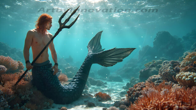 AI-generated HD photos featuring Mermen, The Warriors of the Sea. A collection of over 1,000 AI generated photo images of Mermen Warriors. Shirtless men from all age groups, with slim builds to hot and sexy, muscular body types, and from teenaged boys, to young men, to the handsome Elders. Merman warriors rising from a whirlpool, with a trident in hand, set against a stormy backdrop with dramatic lighting. Vibrant coral reefs, with detailed underwater scenes, highly realistic, with obsidian scales, that shimmer in the sunlight.