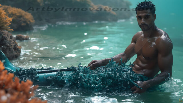 AI-generated HD photos featuring Mermen, The Warriors of the Sea. A collection of over 1,000 AI generated photo images of Mermen Warriors. Shirtless men from all age groups, with slim builds to hot and sexy, muscular body types, and from teenaged boys, to young men, to the handsome Elders. Merman warriors rising from a whirlpool, with a trident in hand, set against a stormy backdrop with dramatic lighting. Vibrant coral reefs, with detailed underwater scenes, highly realistic, with obsidian scales, that shimmer in the sunlight.