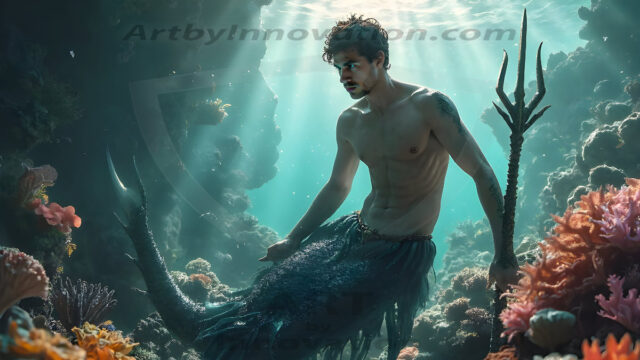 AI-generated HD photos featuring Mermen, The Warriors of the Sea. A collection of over 1,000 AI generated photo images of Mermen Warriors. Shirtless men from all age groups, with slim builds to hot and sexy, muscular body types, and from teenaged boys, to young men, to the handsome Elders. Merman warriors rising from a whirlpool, with a trident in hand, set against a stormy backdrop with dramatic lighting. Vibrant coral reefs, with detailed underwater scenes, highly realistic, with obsidian scales, that shimmer in the sunlight.