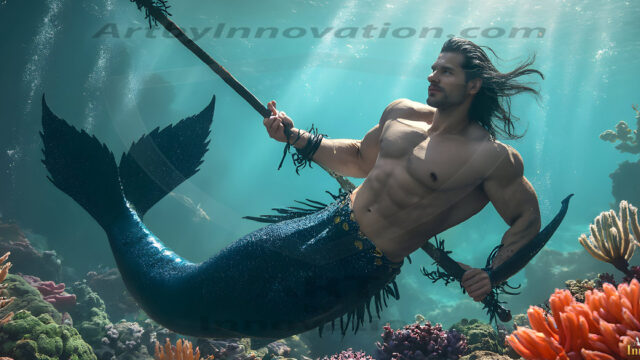 AI-generated HD photos featuring Mermen, The Warriors of the Sea. A collection of over 1,000 AI generated photo images of Mermen Warriors. Shirtless men from all age groups, with slim builds to hot and sexy, muscular body types, and from teenaged boys, to young men, to the handsome Elders. Merman warriors rising from a whirlpool, with a trident in hand, set against a stormy backdrop with dramatic lighting. Vibrant coral reefs, with detailed underwater scenes, highly realistic, with obsidian scales, that shimmer in the sunlight.