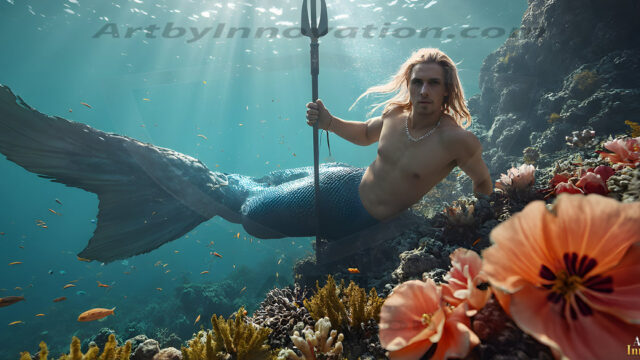 AI-generated HD photos featuring Mermen, The Warriors of the Sea. A collection of over 1,000 AI generated photo images of Mermen Warriors. Shirtless men from all age groups, with slim builds to hot and sexy, muscular body types, and from teenaged boys, to young men, to the handsome Elders. Merman warriors rising from a whirlpool, with a trident in hand, set against a stormy backdrop with dramatic lighting. Vibrant coral reefs, with detailed underwater scenes, highly realistic, with obsidian scales, that shimmer in the sunlight.