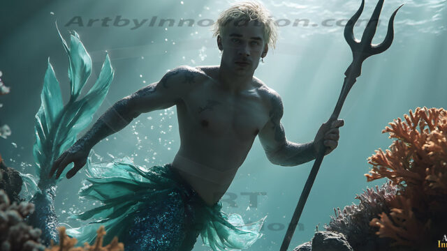 AI-generated HD photos featuring Mermen, The Warriors of the Sea. A collection of over 1,000 AI generated photo images of Mermen Warriors. Shirtless men from all age groups, with slim builds to hot and sexy, muscular body types, and from teenaged boys, to young men, to the handsome Elders. Merman warriors rising from a whirlpool, with a trident in hand, set against a stormy backdrop with dramatic lighting. Vibrant coral reefs, with detailed underwater scenes, highly realistic, with obsidian scales, that shimmer in the sunlight.