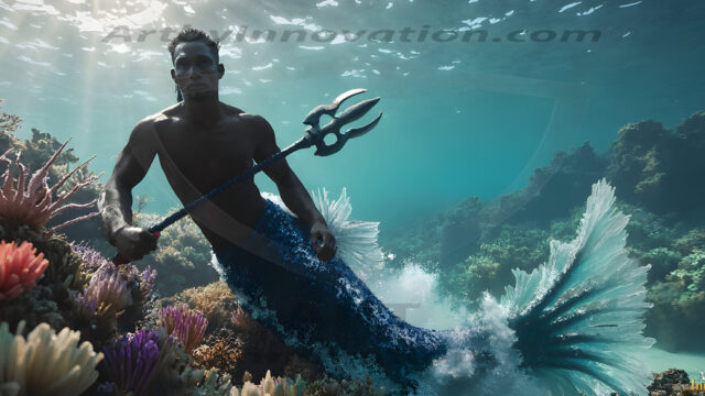 AI-generated HD photos featuring Mermen, The Warriors of the Sea. A collection of over 1,000 AI generated photo images of Mermen Warriors. Shirtless men from all age groups, with slim builds to hot and sexy, muscular body types, and from teenaged boys, to young men, to the handsome Elders. Merman warriors rising from a whirlpool, with a trident in hand, set against a stormy backdrop with dramatic lighting. Vibrant coral reefs, with detailed underwater scenes, highly realistic, with obsidian scales, that shimmer in the sunlight.