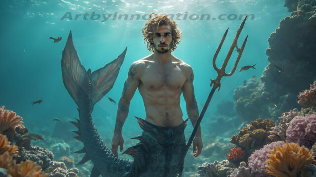 AI-generated HD photos featuring Mermen, The Warriors of the Sea. A collection of over 1,000 AI generated photo images of Mermen Warriors. Shirtless men from all age groups, with slim builds to hot and sexy, muscular body types, and from teenaged boys, to young men, to the handsome Elders. Merman warriors rising from a whirlpool, with a trident in hand, set against a stormy backdrop with dramatic lighting. Vibrant coral reefs, with detailed underwater scenes, highly realistic, with obsidian scales, that shimmer in the sunlight.