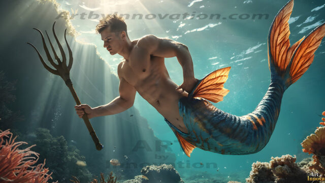AI-generated HD photos featuring Mermen, The Warriors of the Sea. A collection of over 1,000 AI generated photo images of Mermen Warriors. Shirtless men from all age groups, with slim builds to hot and sexy, muscular body types, and from teenaged boys, to young men, to the handsome Elders. Merman warriors rising from a whirlpool, with a trident in hand, set against a stormy backdrop with dramatic lighting. Vibrant coral reefs, with detailed underwater scenes, highly realistic, with obsidian scales, that shimmer in the sunlight.
